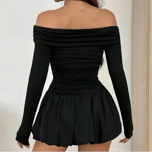 Black Off-Shoulder Long Sleeve Mini Bubble Dress Sz XS - Picture 2 of 5